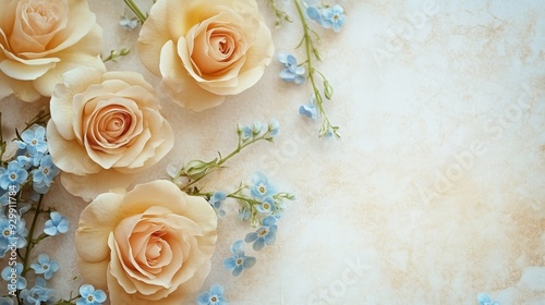 A serene arrangement of peach roses and blue flowers on a textured background.