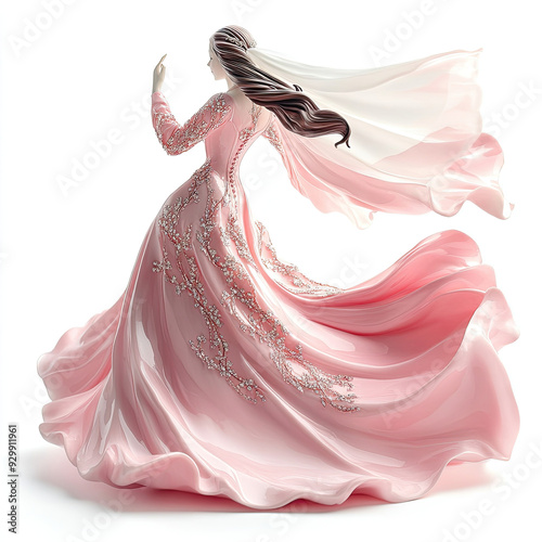 3D porcelain figurine of a beautiful canopy in a pink dress, isolated, on a white background. A resource for creativity, a template for a wedding cake, a decorative element for presentations of weddin photo