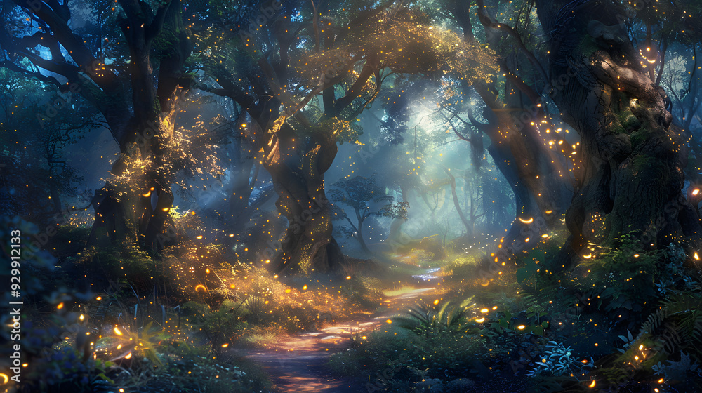 Landscape of a jungle full of fireflies at night.