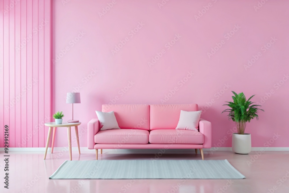 Modern living room with Soft pink walls and pink sofa interior design, empty room, copy space background Modern living room with Soft pink walls and pink sofa interior design, empty room, copy space background