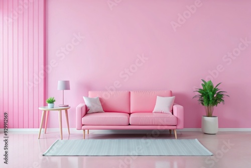 Modern living room with Soft pink walls and pink sofa interior design, empty room, copy space background