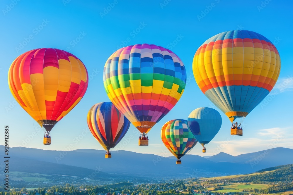 Fototapeta premium Multicolored hot air balloons drifting over a rocky landscape with a clear turquoise sky, creating a dreamy and adventurous scene.