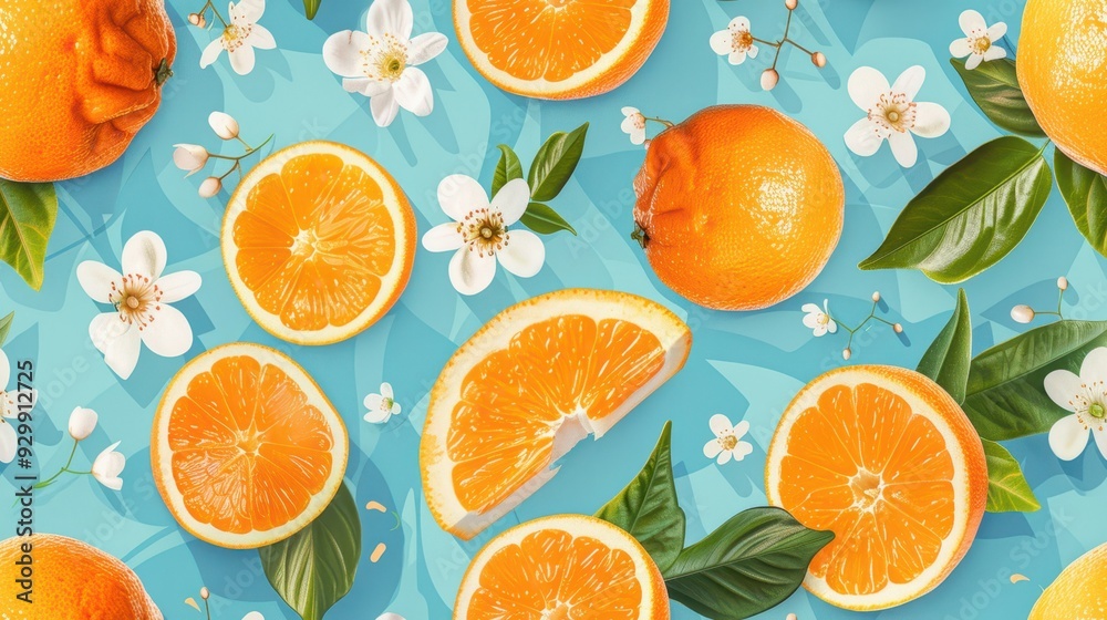 Bright and fresh seamless pattern of oranges and blossoms on a sky-blue background. Ideal for citrus-themed designs and refreshing product branding.