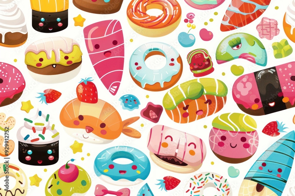 Fototapeta premium Cute Cartoon Food Pattern with Donuts, Sushi and Desserts