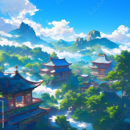 Enchanting Chinese Temple Landscape: Anime-Style Forest and Mountain Scenery for Creative Marketing. Vibrant Digital Art Illustration Ideal for UI Design, Web Posters, and 4K Wallpapers. Captivating C