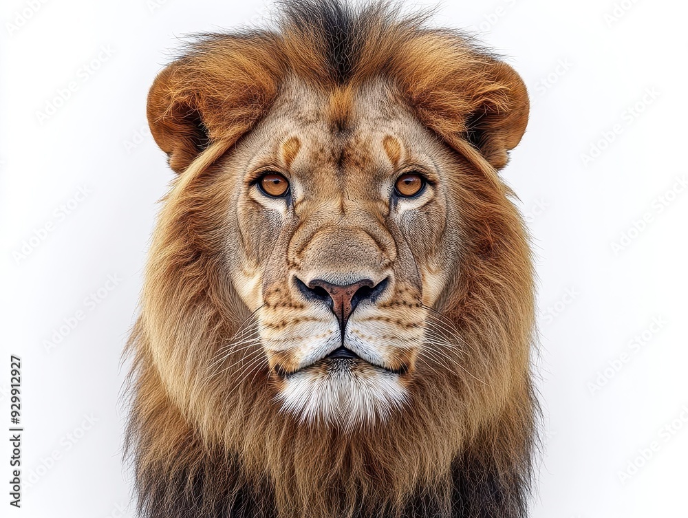 majestic lion portrait closeup of regal lions face against stark white background capturing intricate mane details and intense amber eyes embodying strength and nobility majestic lion portrait closeup of regal lions face against stark white background capturing intricate mane details and intense amber eyes embodying strength and nobility