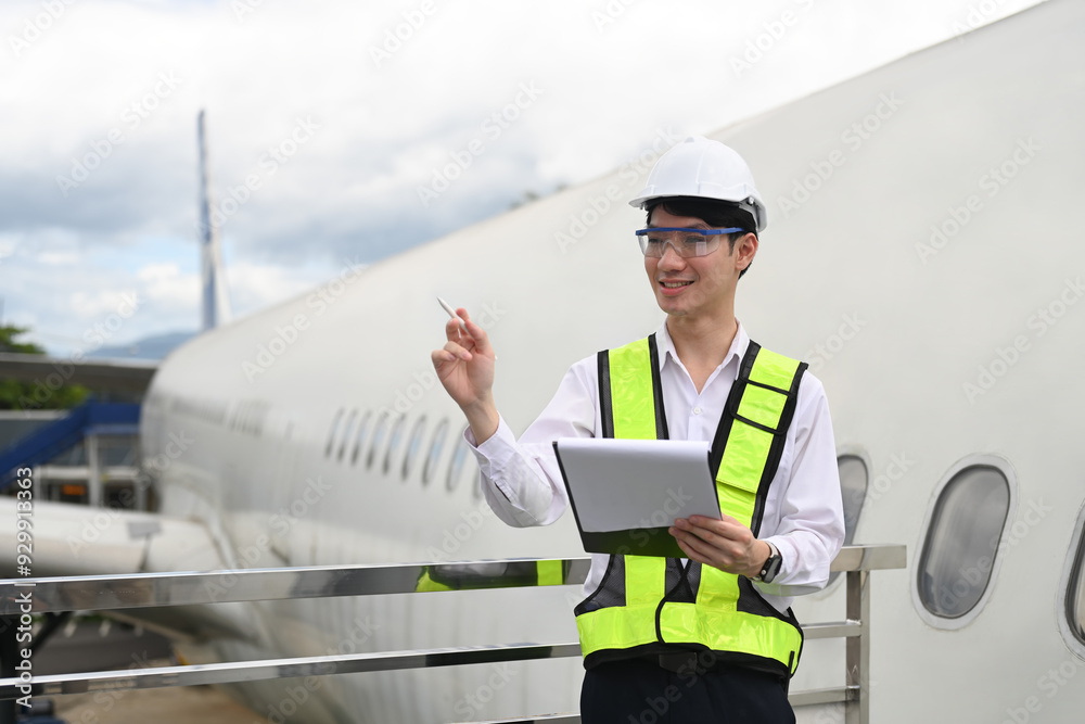 Professional aviation engineer with clipboard standing on platform near the aircraft Professional aviation engineer with clipboard standing on platform near the aircraft