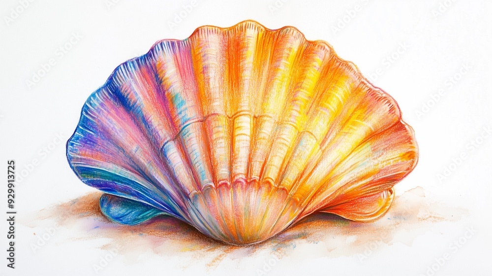 Fototapeta premium sea shell isolated on white, a summer shell drawing created with oil pastels