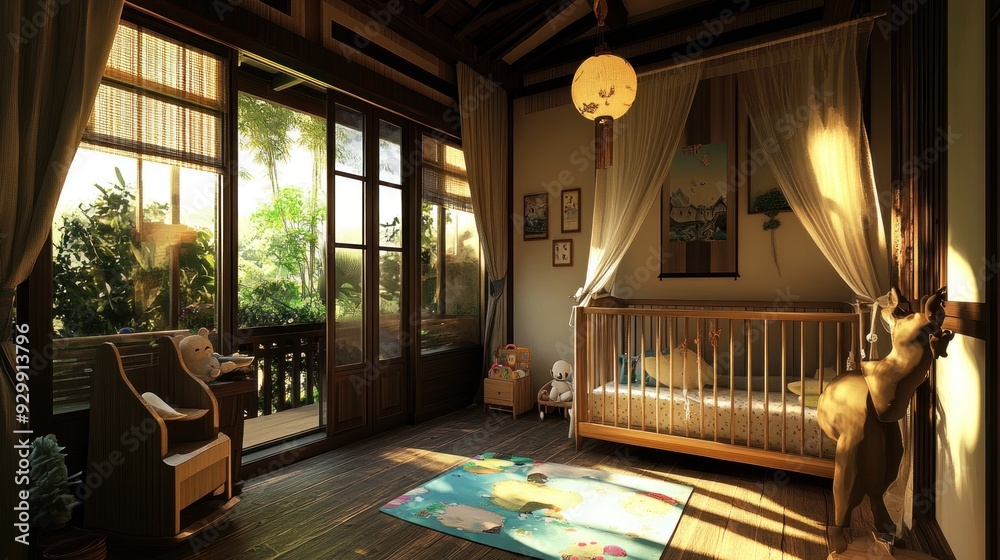Fototapeta premium A nursery with a crib, a rocking chair, a rug, and a wooden floor.