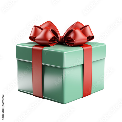 green gift box with red ribbon isolated on Transparent background for Christmas. Generative AI