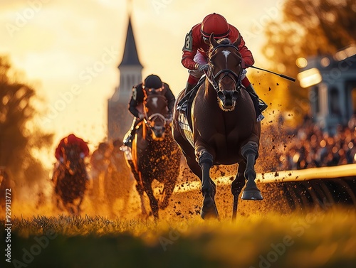 majestic thoroughbred horses thundering down the final stretch of churchill downs jockeys leaning forward crowd cheering wildly golden sunlight illuminating the iconic twin spires photo