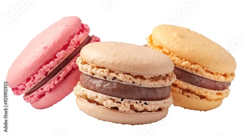 Three macarons, pink, beige, and yellow, filled with chocolate ganache, isolated on white.