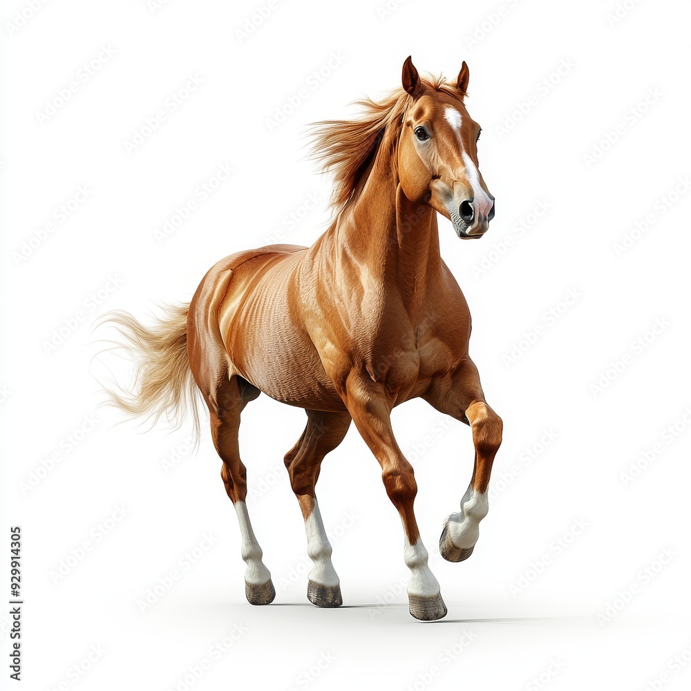 Obraz premium The image shows a white horse standing with a long mane, galloping on a transparent background (png).