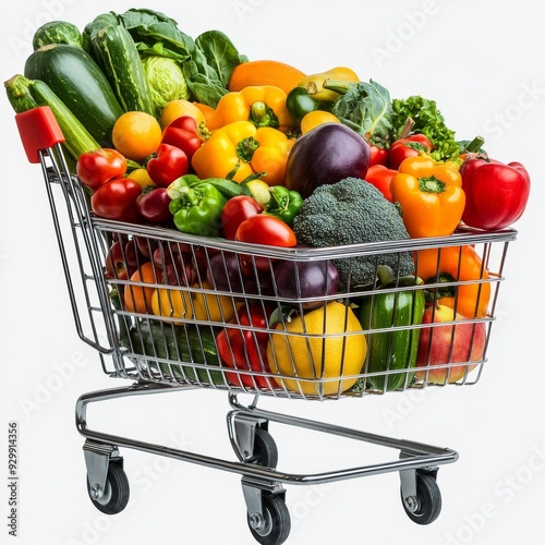 On a transparent background, a shopping cart full of fruits and vegetables is shown