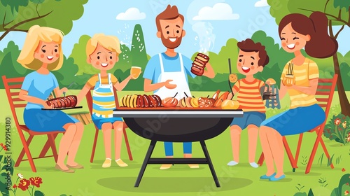 Threegeneration family enjoying a barbecue, flat design, side view, backyard gathering theme, water color, Splitcomplementary color scheme photo