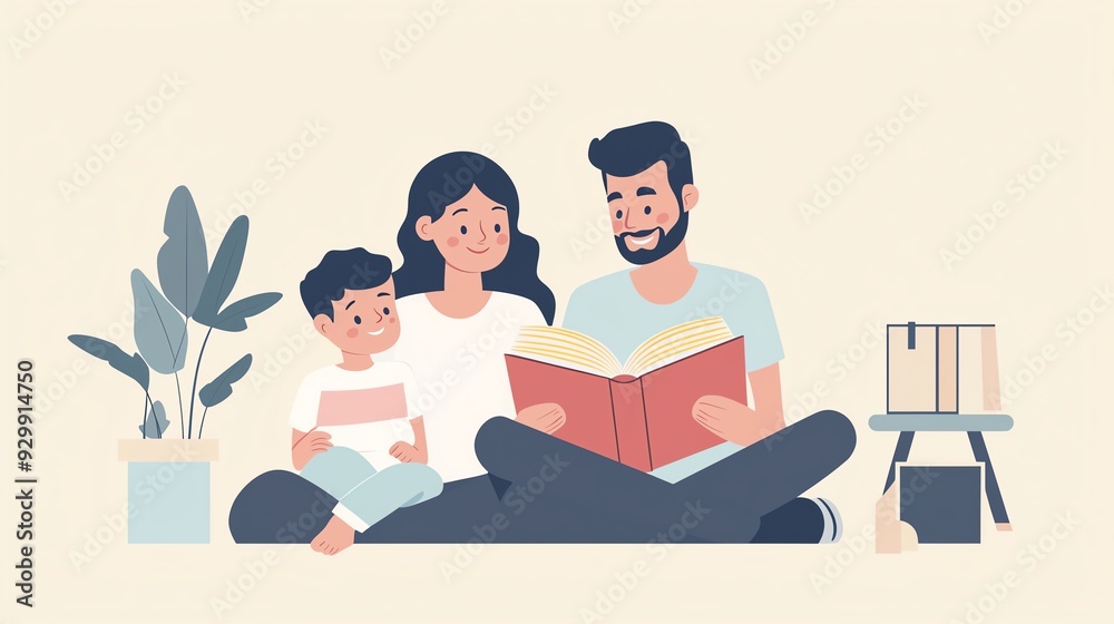 Happy family reading books together, flat design, side view, bedtime stories theme, cartoon drawing, vivid Happy family reading books together, flat design, side view, bedtime stories theme, cartoon drawing, vivid