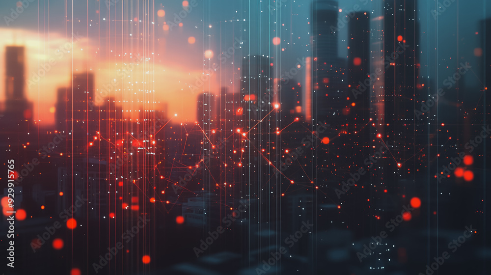 Fototapeta premium abstract professional business team people connection of line from nail node to node on cityscap and skyline background , innovation networking concept