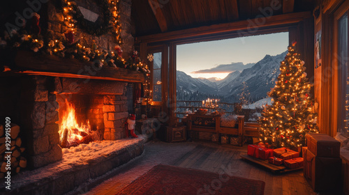 Cozy Mountain Christmas Cabin with Fireplace and Festive Decorations