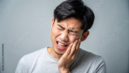 Young Asian man winces in pain, clutching his cheek and mouth, struggling with sensitive teeth and toothache, highlighting the need for dental care and treatment.