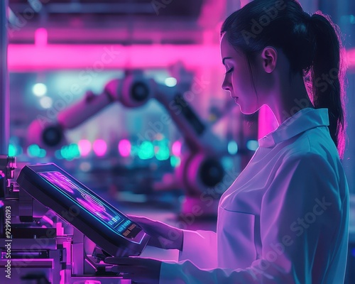 Female engineer using touchfree holographic controls to optimize factory machinery photo