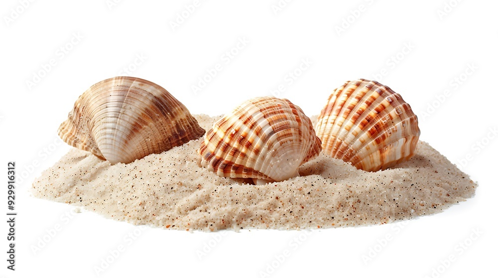 Three seashells nestled in a small pile of sand, isolated on white background. Three seashells nestled in a small pile of sand, isolated on white background.