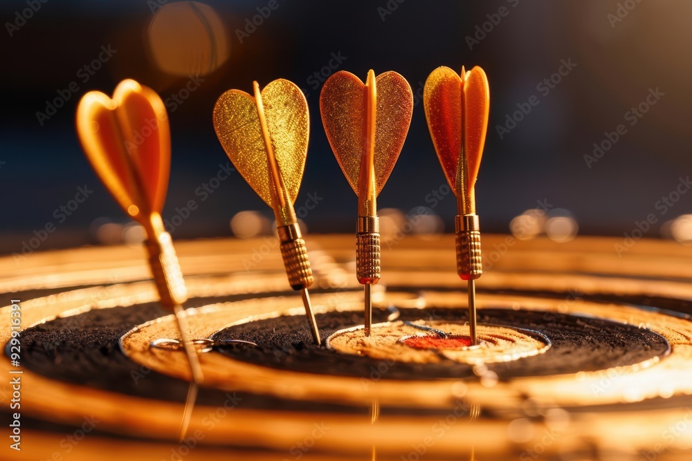 A close-up of heart-shaped darts perfectly hitting the bullseye on a dartboard, symbolizing love and precision in competition. A close-up of heart-shaped darts perfectly hitting the bullseye on a dartboard, symbolizing love and precision in competition.