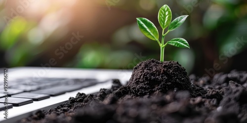 A sprouting plant emerges from soil on a laptop keyboard, symbolizing growth, technology, and eco-friendly innovation.