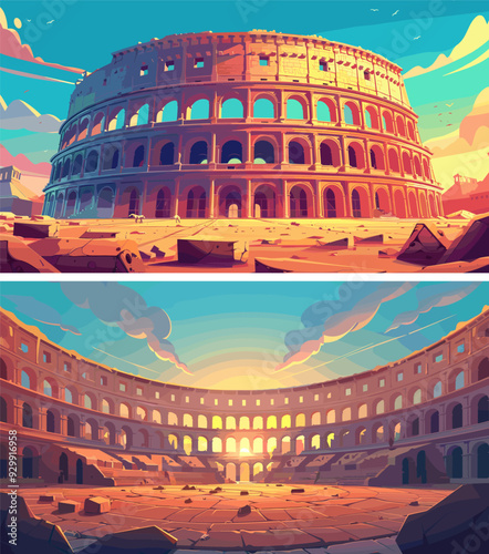 Historic roman gladiator combat arena cartoon vector concepts. Stone masonry walls empty coliseum fighters clash classic amphitheater structures sunset ruins illustrations