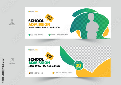 School admission facebook cover design, back-to-school social media banner set, online education banner ads template. photo