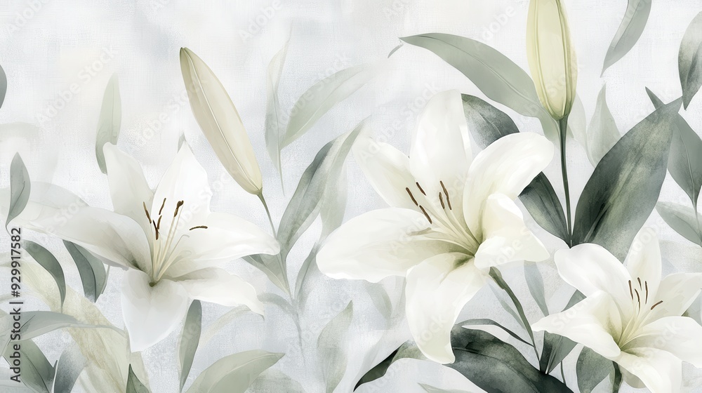 A serene composition featuring white lilies and soft green leaves, evoking tranquility. A serene composition featuring white lilies and soft green leaves, evoking tranquility.