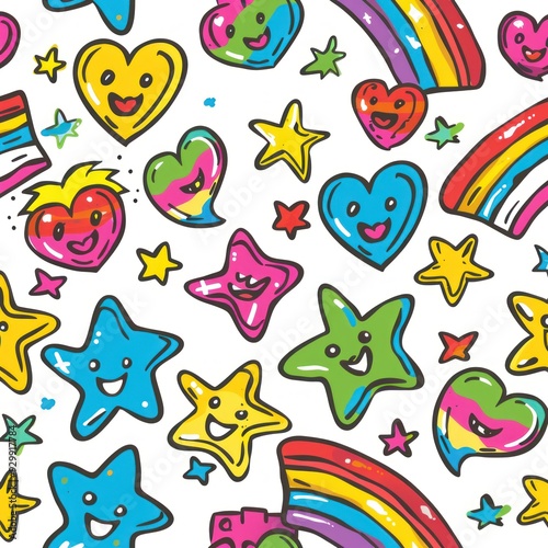 Rainbow Hearts and Stars Seamless Pattern