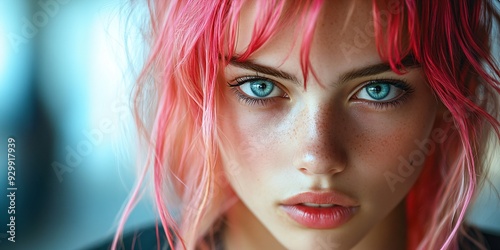 a crazy young punk girl with pink hair in front of a city bokeh background photo