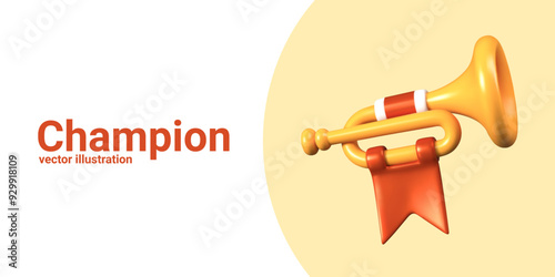 Champion concept. Realistic bugle with red flag. Sound notification of victory