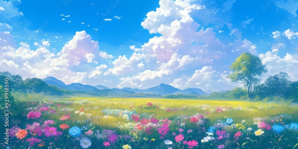 Enchanting Anime-Style Flower Field Landscape: Creative Abstract Design for Seasonal Marketing. Vibrant Digital Art for Christmas Cards, Winter Themes, and Storybook Illustrations. Versatile UI Decora Enchanting Anime-Style Flower Field Landscape: Creative Abstract Design for Seasonal Marketing. Vibrant Digital Art for Christmas Cards, Winter Themes, and Storybook Illustrations. Versatile UI Decora