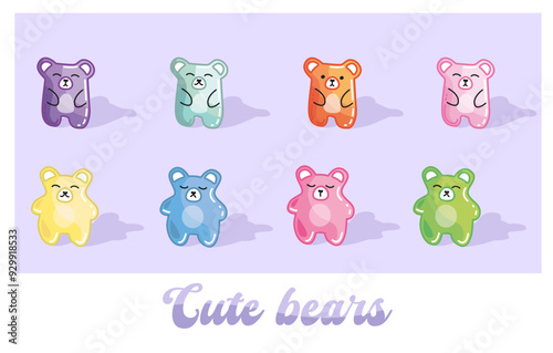 Jelly bears set. Cute marmalade candies, animals shapes sweets, colorful gummy bear, fruit and berry flavors, classical sugar yummy gelatin products. Sweet assortment, vector isolated elements.