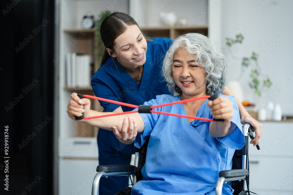 senior woman doing exercise at clinic with physiotherapist. help of a personal trainer during a rehabilitation session. senior woman doing exercise at clinic with physiotherapist. help of a personal trainer during a rehabilitation session.