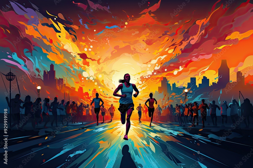 Fototapeta premium Advertising of marathon poster illustrated with a group of runners in various dynamic poses.