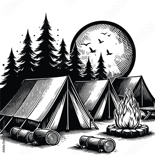 hand drawn black and white tents with a campfire vector illustration isolated background