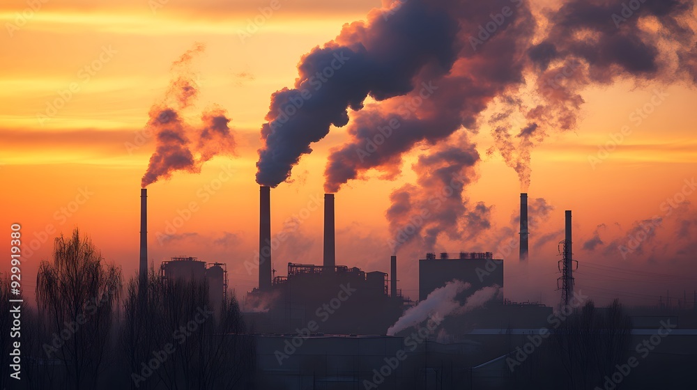 Factory emitting thick smoke, front view, hazy skyline, sunset hues, golden hour light, eerie calm, environmental concern, contemplative mood, detailed foreground Factory emitting thick smoke, front view, hazy skyline, sunset hues, golden hour light, eerie calm, environmental concern, contemplative mood, detailed foreground