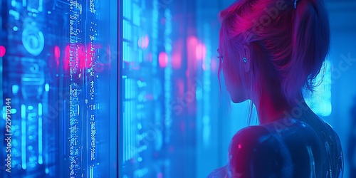 a  young girl with pink hair in front of a digital wall photo