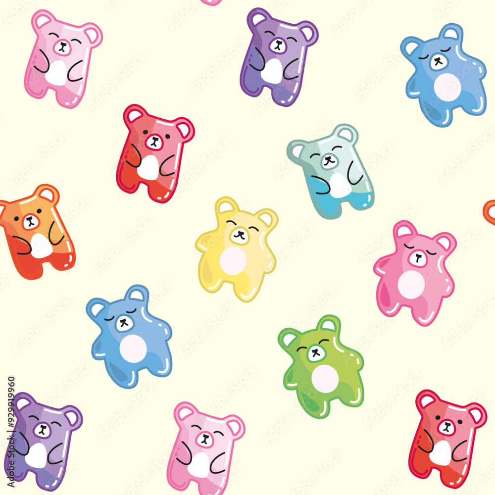 Fototapeta premium Cute characters Bears, Gummy bear seamless pattern. Sweet jelly candy texture. Colorful vector illustration.