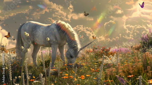 Beautiful and elegant white unicorn horse eating grass in the jungle.