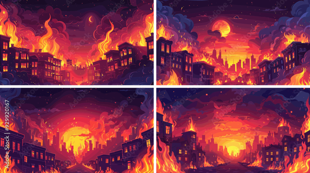 Inferno torn megapolis cartoon vector scenes. Blaze city conflagration ...