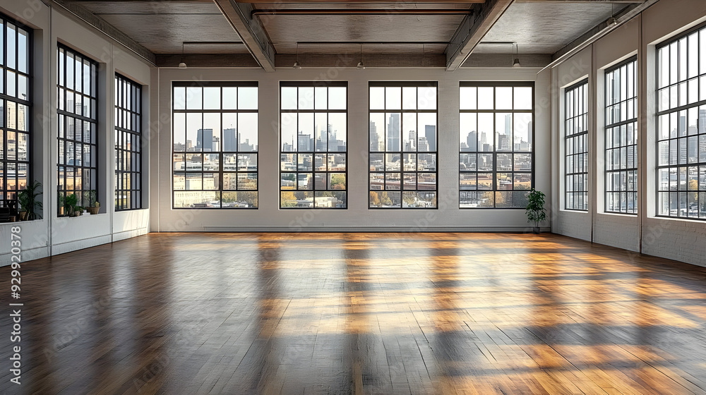 Spacious room with large windows showcasing a city skyline. Spacious room with large windows showcasing a city skyline.