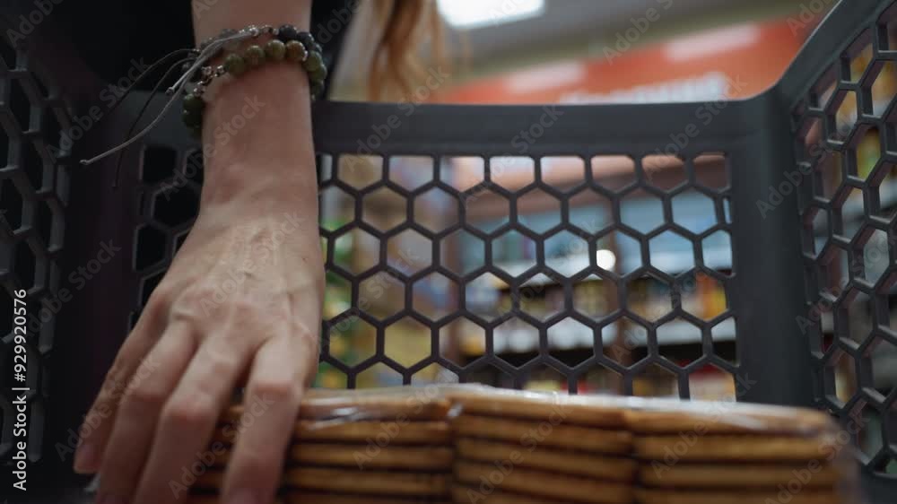 view of a lady in a black coat wearing a backpack, placing a pack of biscuits into a shopping trolley in a store. Shot with a handheld camera