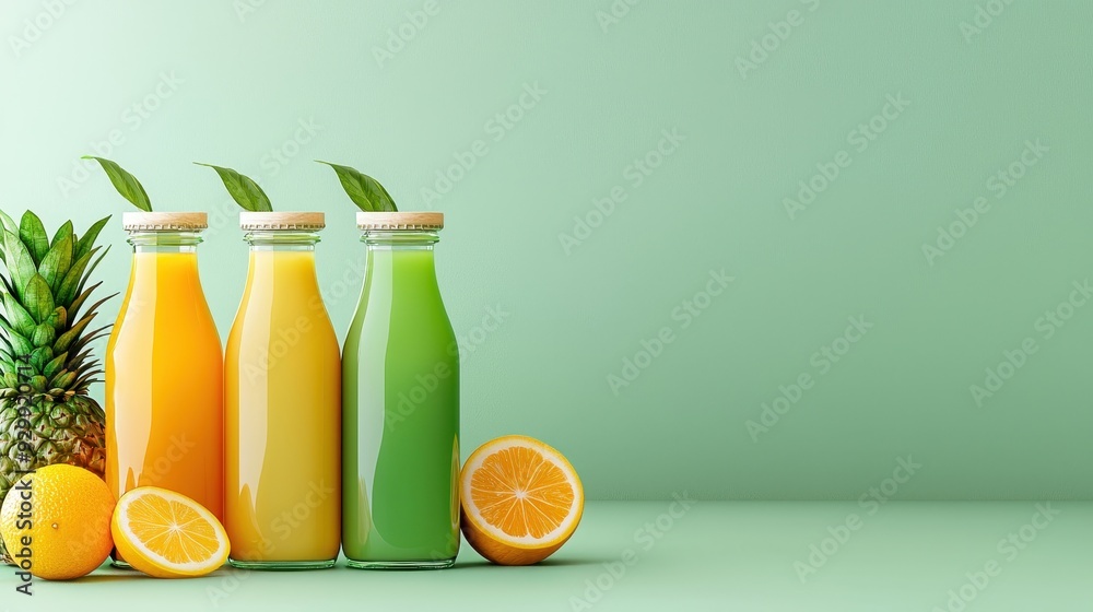 Freshly squeezed fruit juices in colorful bottles, surrounded by tropical fruits on a pastel background.