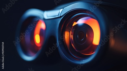 Close-up of Binoculars with Glowing Orange Lens
