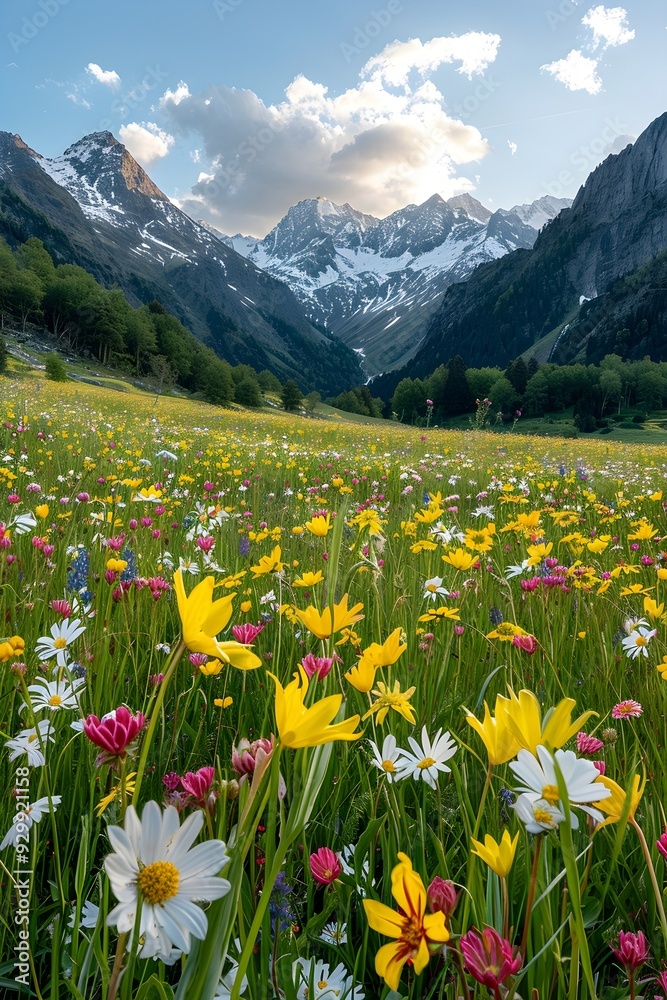 Fototapeta premium A vibrant wildflower meadow in full bloom, set against a backdrop of majestic snow-capped mountains. The serene and picturesque scene captures the beauty of nature and the tranquility of the alpine la