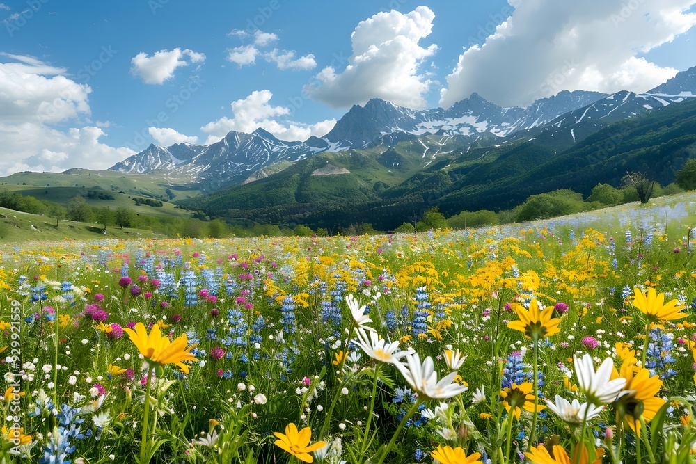 Fototapeta premium A vibrant wildflower meadow in full bloom, set against a backdrop of majestic snow-capped mountains. The serene and picturesque scene captures the beauty of nature and the tranquility of the alpine la