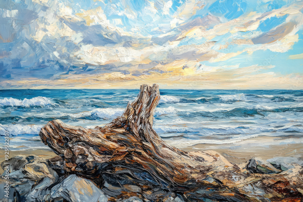 Rocky Beach with Driftwood Oil Painting in Natural Colors Rocky Beach with Driftwood Oil Painting in Natural Colors